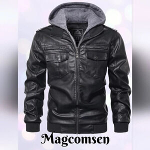 Magcomsen Jacket Men Sz S Black PU faux Leather Moto Removable Hood High-quality